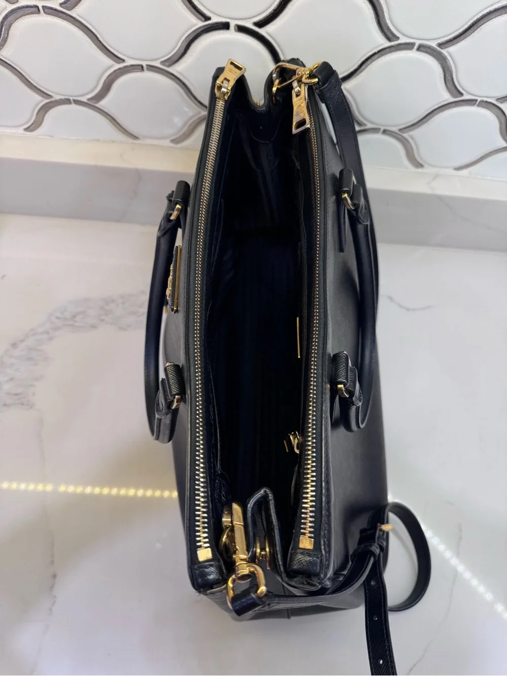 Authentic Prada Black Saffiano Leather Galleria Crossbody Bag with Gold Hardware